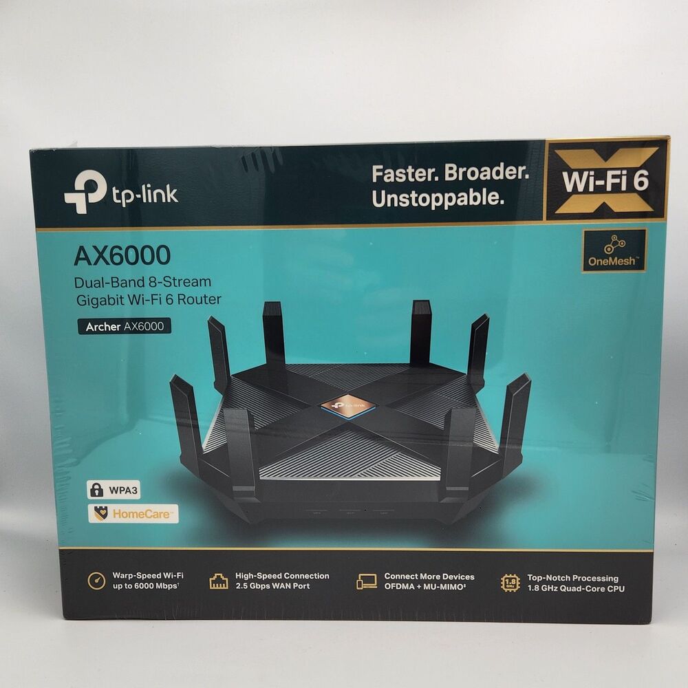 Nwt TP-Link Archer AX6000 Dual-Band 8-Stream Gigabit Wi-Fi 6 Router OneMesh WPA3